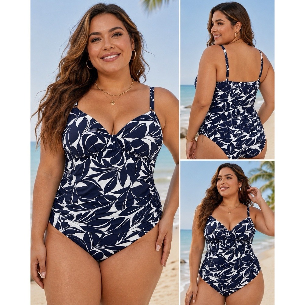 Anne Cole XXL Navy White Tropical Leaf Tankini 2 Piece Swim Set Plus Size #59